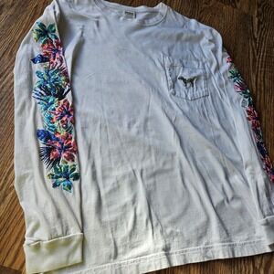 VS Victoria's Secret Pink Rare Tropical Hibiscus Bling Campus Tee M White Floral
